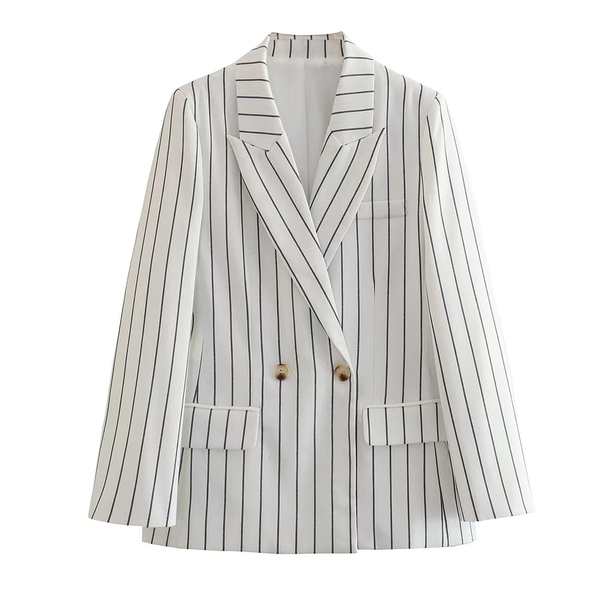 Suits: Women High Waist Ptripe Work Pant Double Breasted Blazer