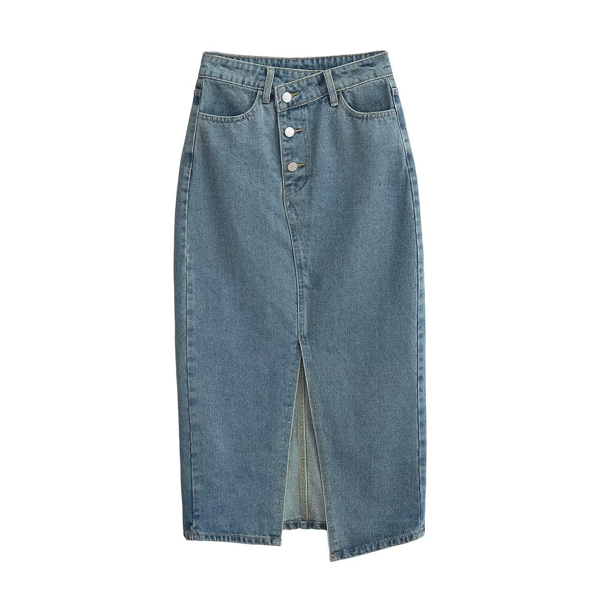 Skirts: Niche Skirt Summer Asymmetric Oblique Placket Front Slit Denim