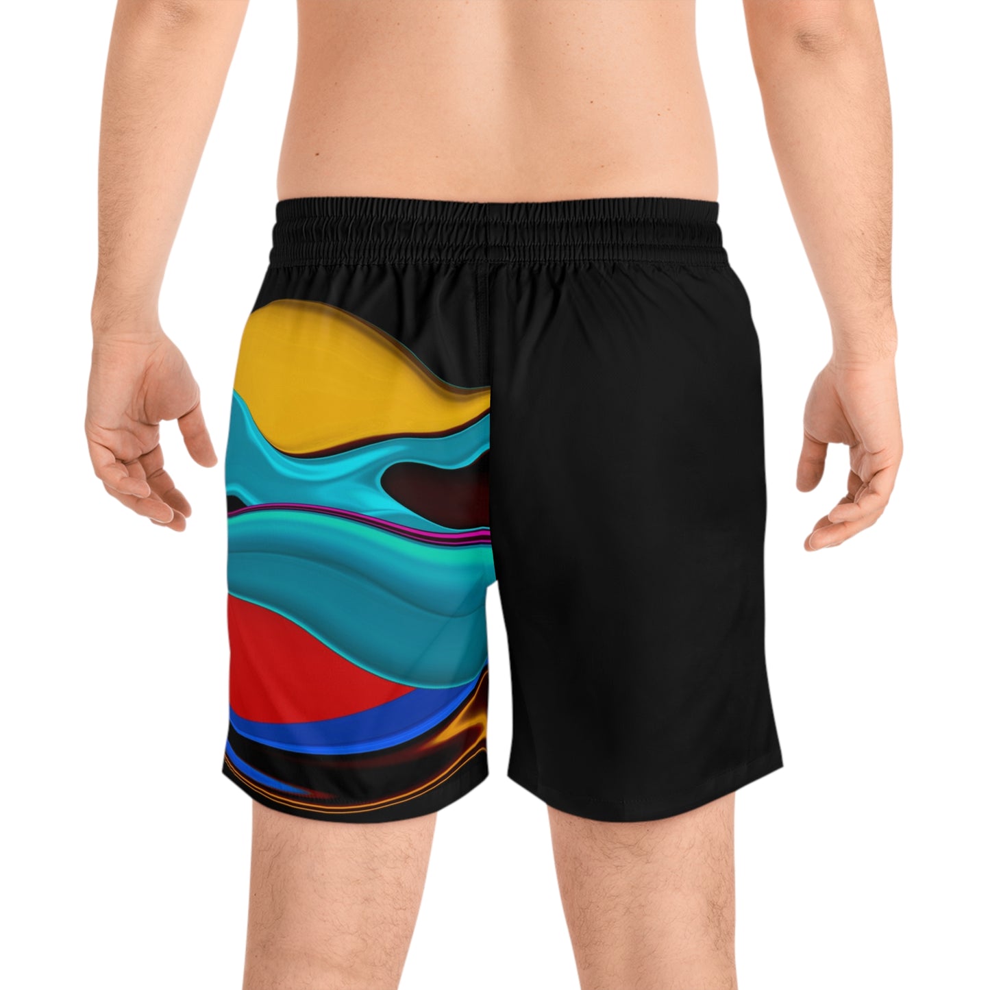 Abstract Wave Swim Shorts — Colorful Striped Men's Mid-Length Beach Trunks