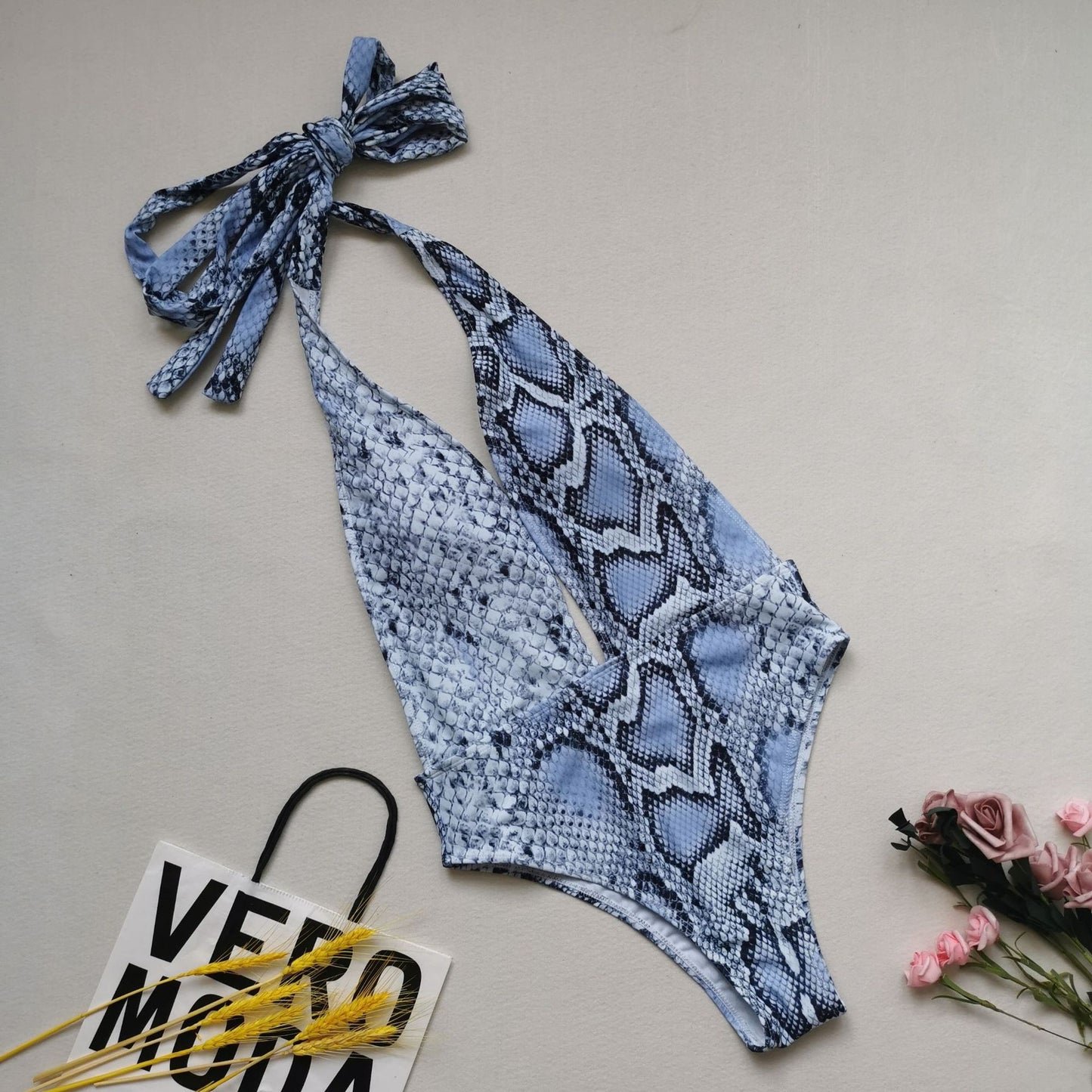 Plus Size One-piece Swimsuit Sexy Print Swimsuit Women Solid Color Swimsuit