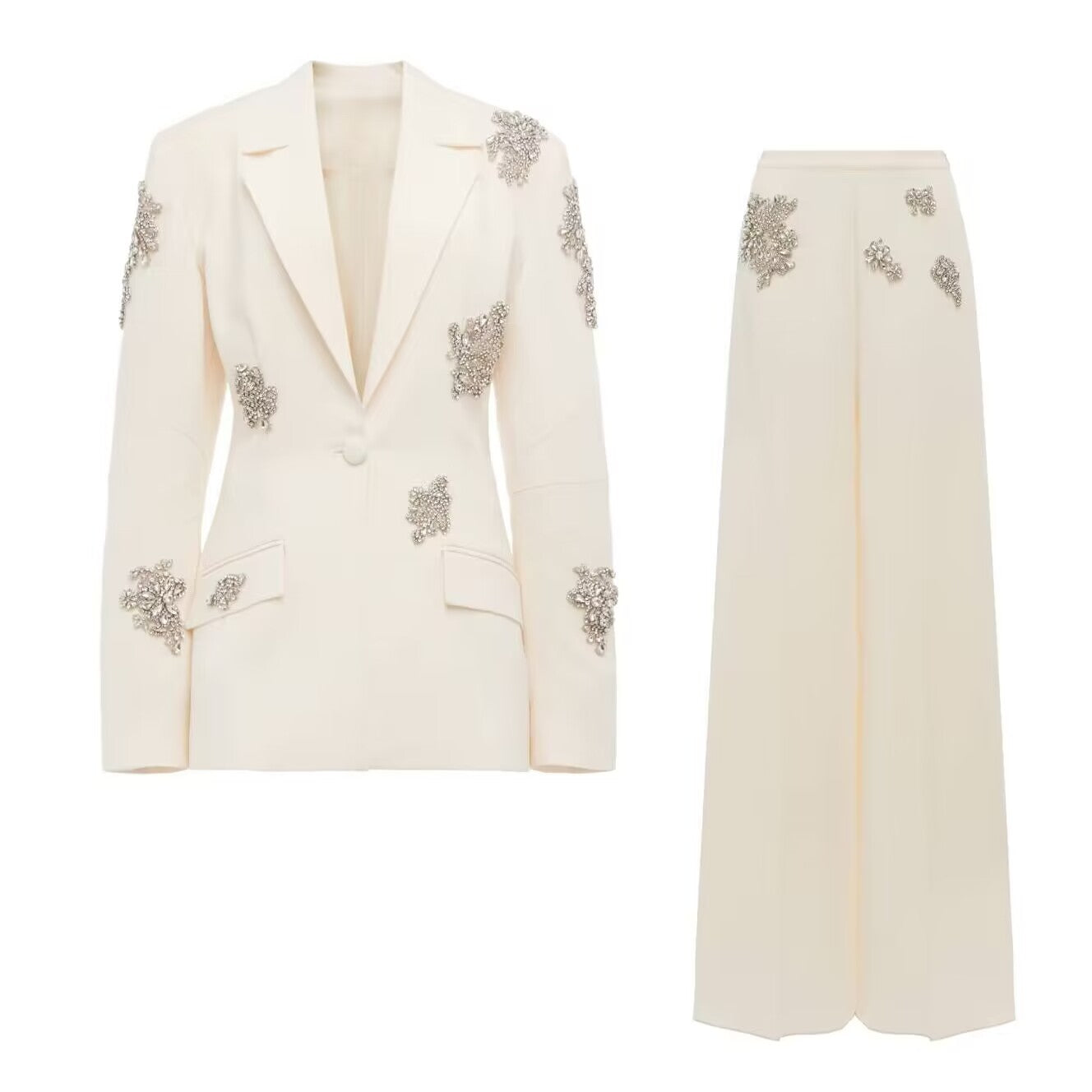 Two Piece Set: Industry Beads Diamond Embedded One Button Blazer Wide Leg Pants Suit