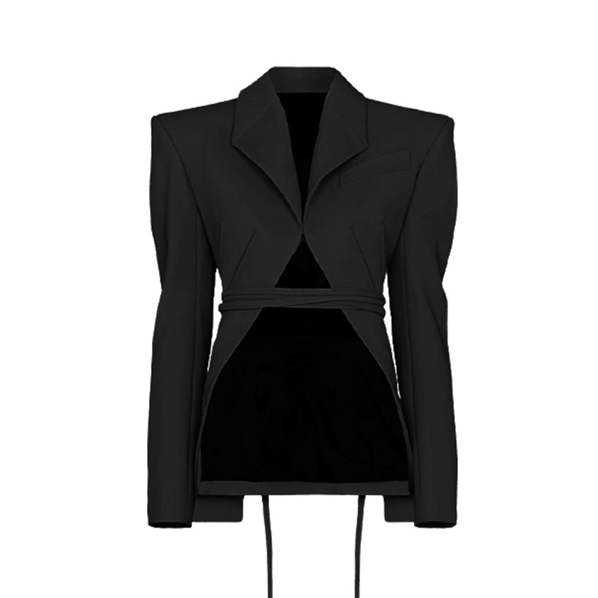 Suits: Niche Design Deconstruction Boning Corset Women Lace Wide Shoulder Blazer Hollow Out Cutout out Straight Leg Pants