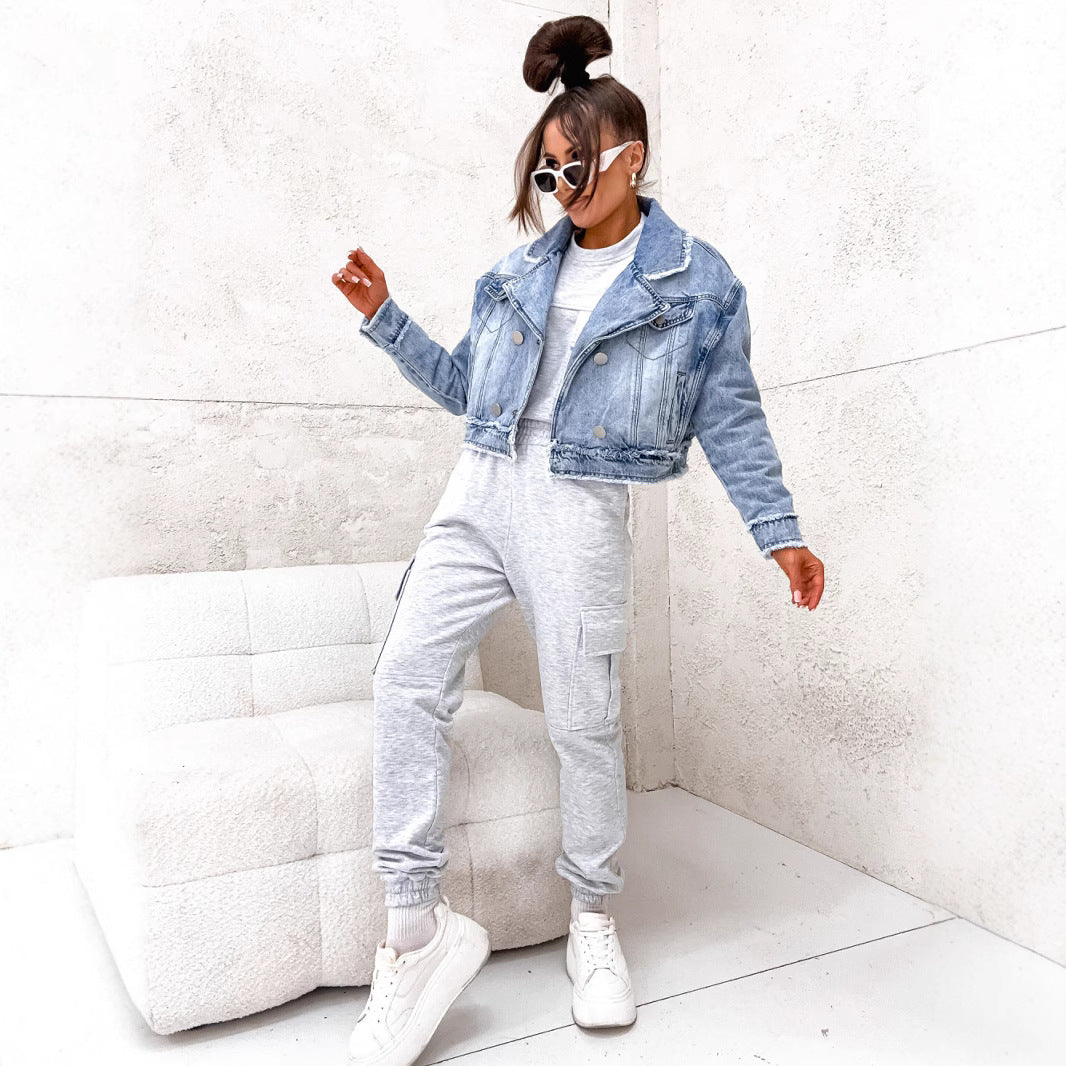 Jackets: Loose Wash Raw Edge Denim Women Long Sleeved Jacket