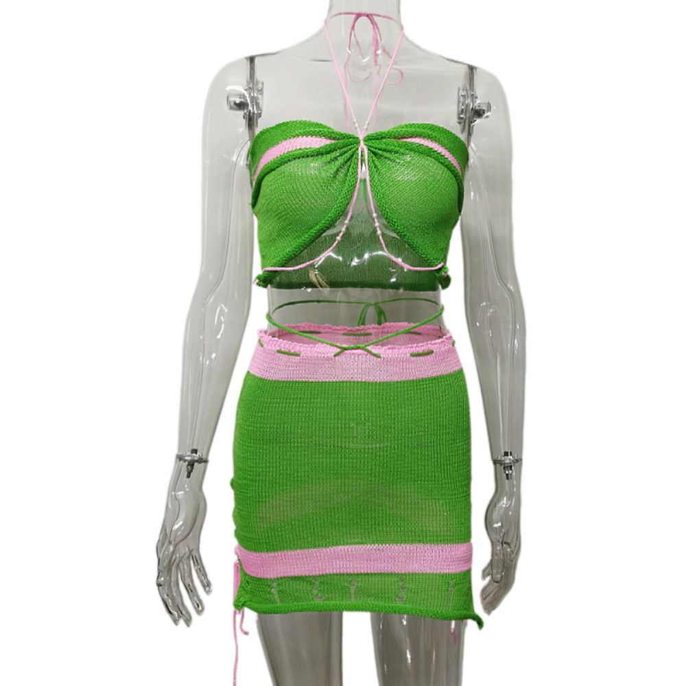 Summer Contrast Color Pearl Halter Sleeveless Wrapped Chest Knitted Sexy Hip Skirt Knitted Suit Women