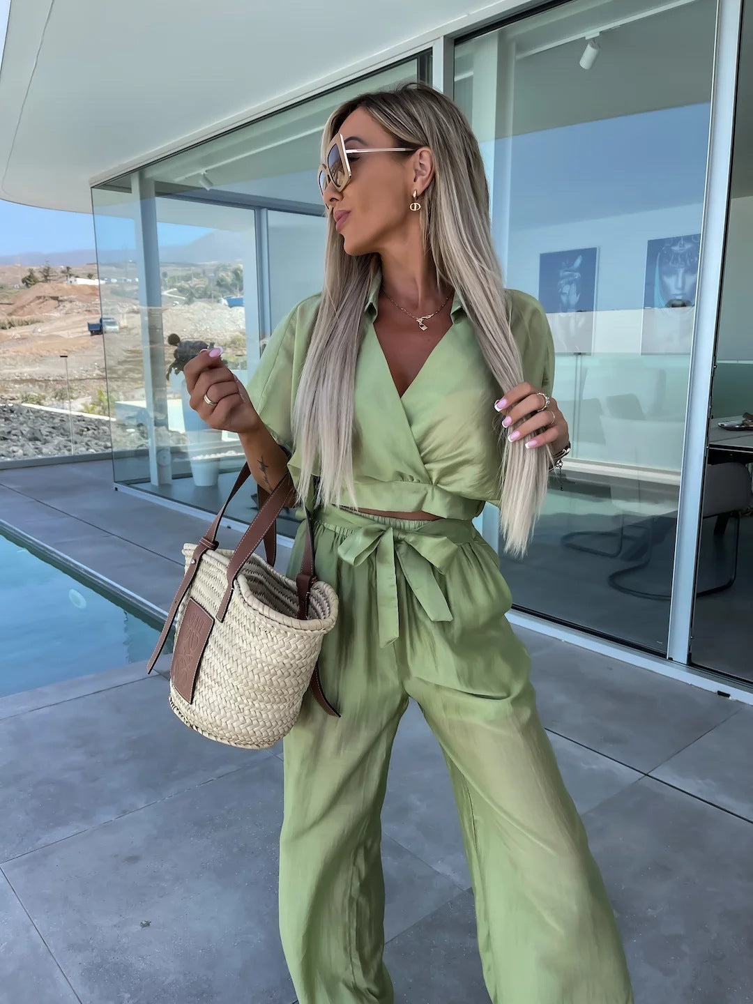 Suits: Spring Summer Comfort Casual Deep V Plunge Neck Solid Color Silk Waist Lace up Straight Leg Pants Suit
