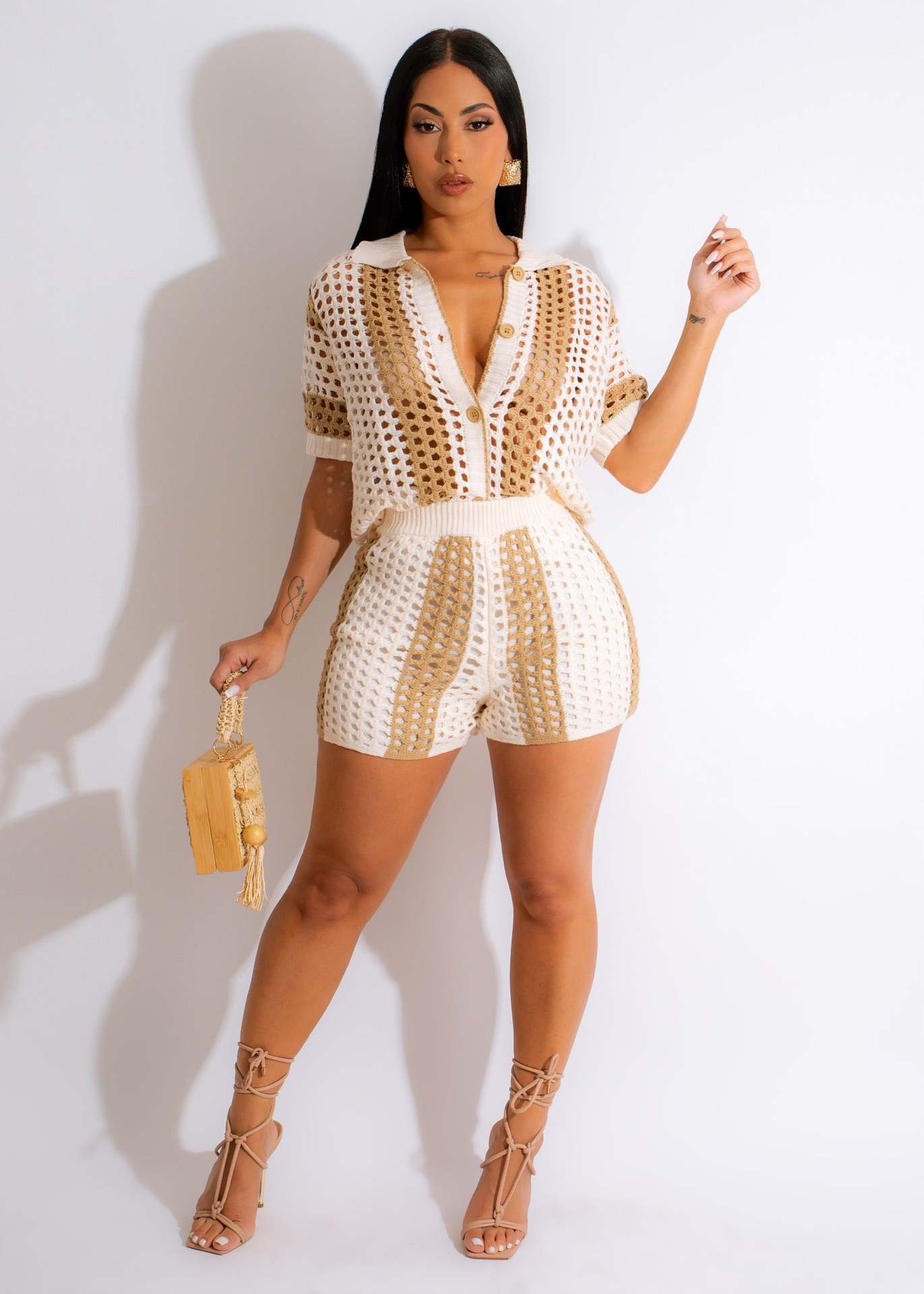 Suits: Cutout Out See Through Collared Knitted Shorts Suit