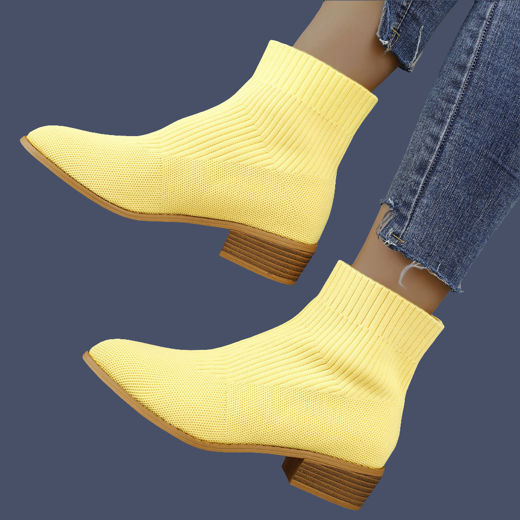 Shoes: Pointed Chunky Mid Heel Mesh Socks Boots