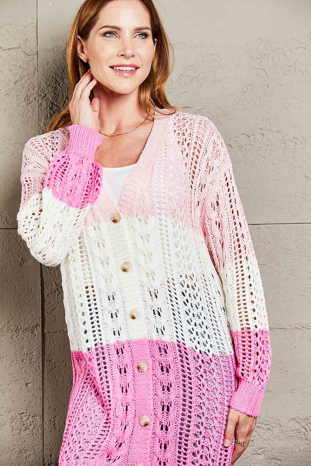 Tops: Double Take Openwork Ribbed Cuff Longline Cardigan