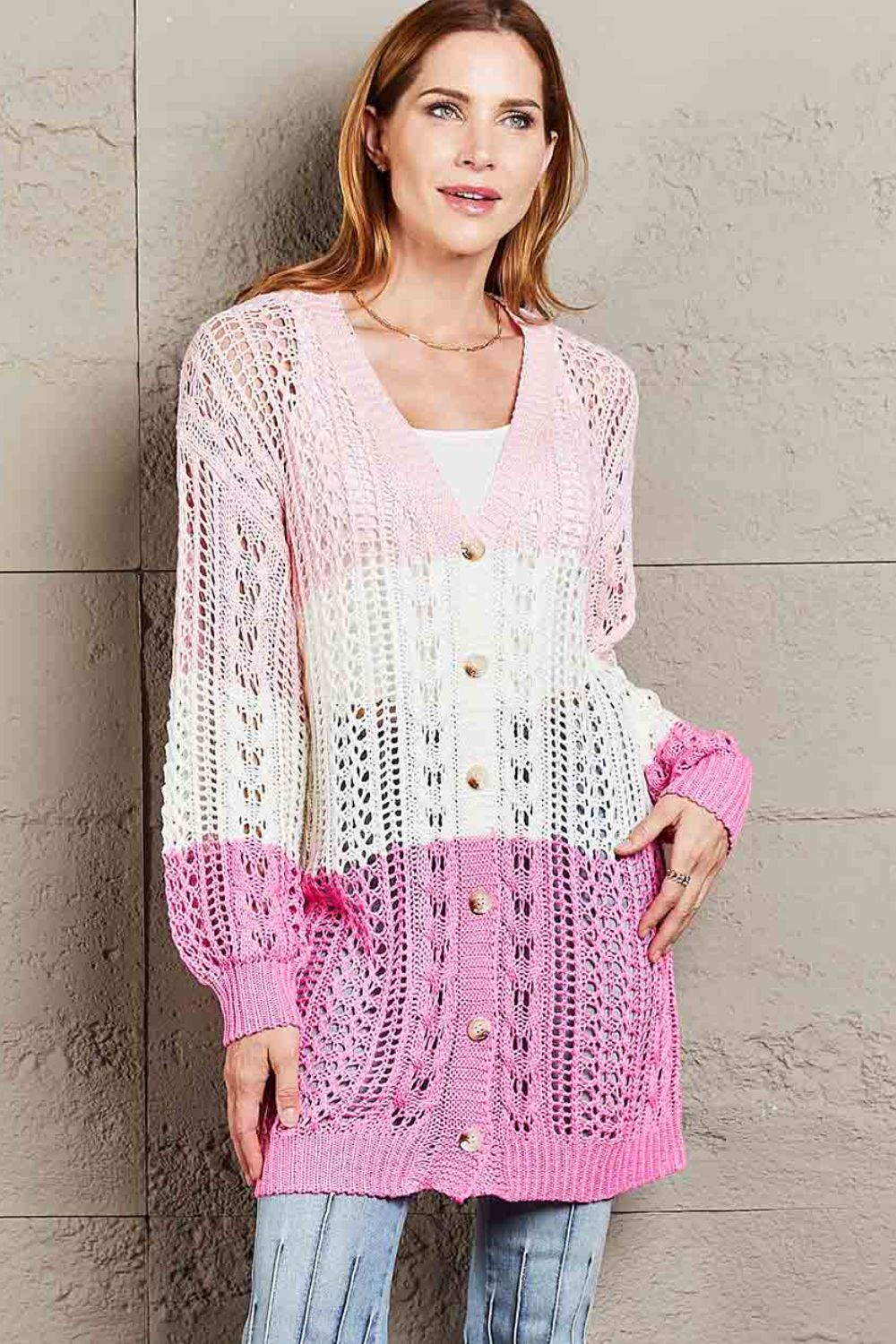 Tops: Double Take Openwork Ribbed Cuff Longline Cardigan