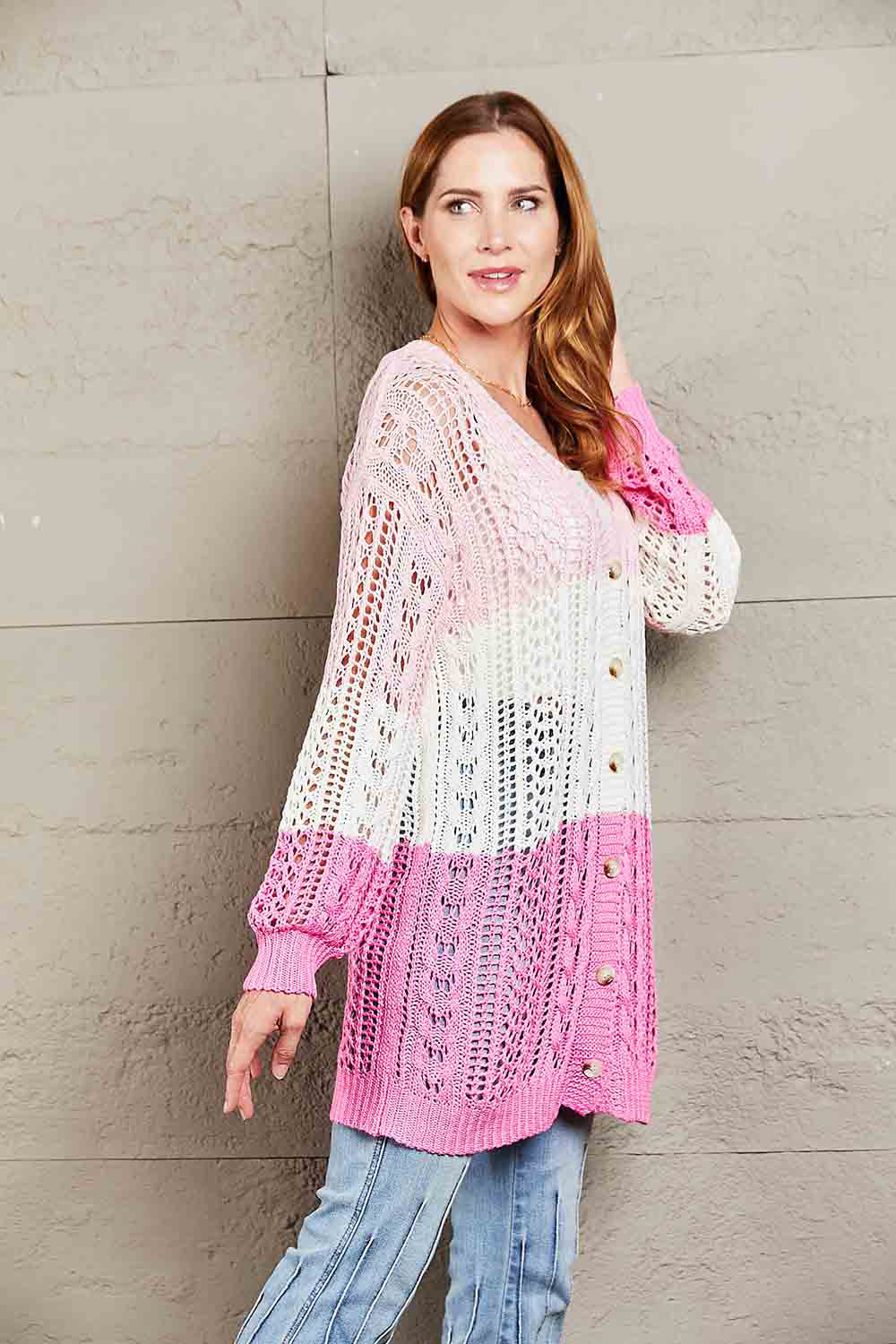 Tops: Double Take Openwork Ribbed Cuff Longline Cardigan