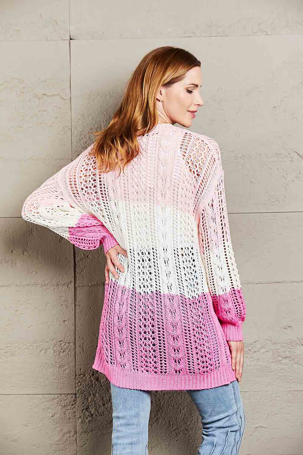 Tops: Double Take Openwork Ribbed Cuff Longline Cardigan