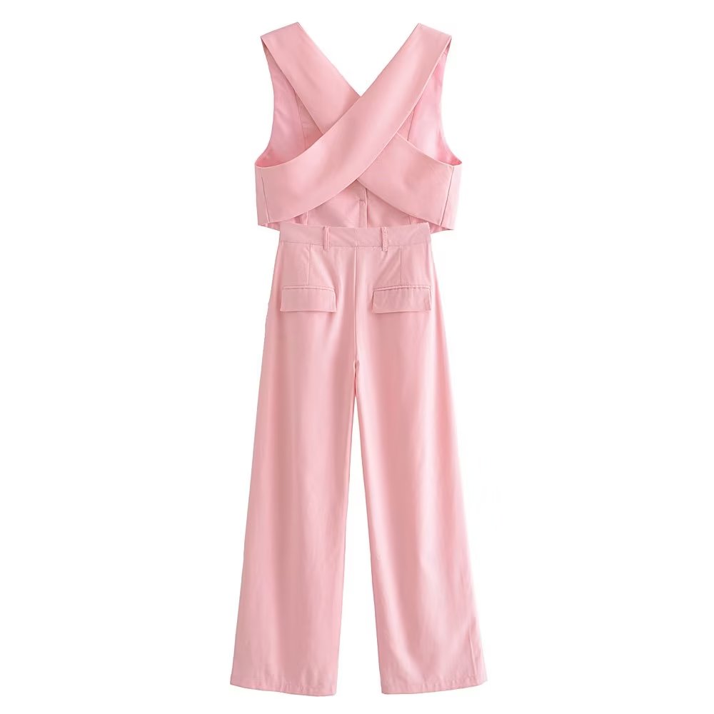 Suits: Row Button Vest Top Wide Leg Pants Suit