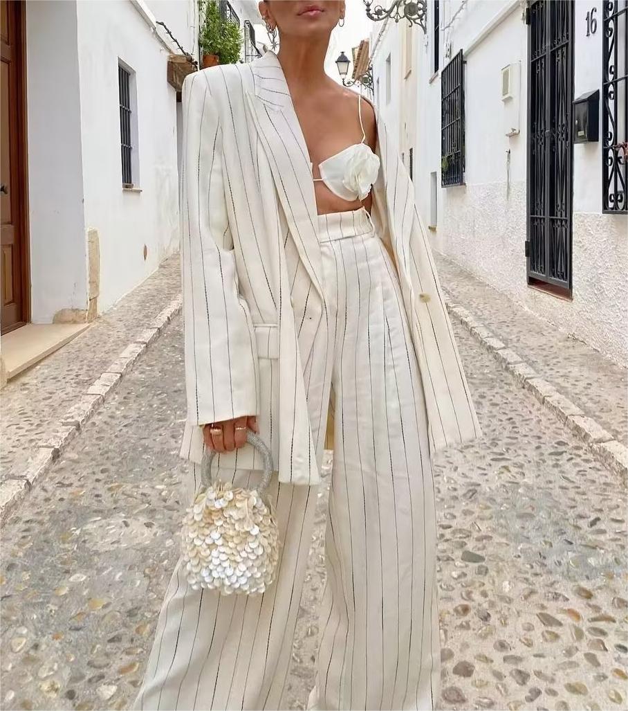 Suits: Women High Waist Ptripe Work Pant Double Breasted Blazer