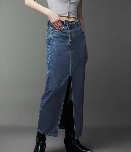 Skirts: Niche Skirt Summer Asymmetric Oblique Placket Front Slit Denim