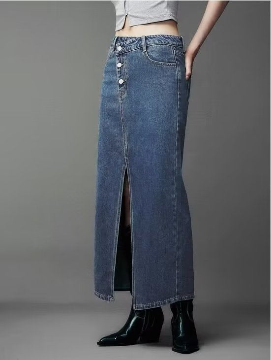 Skirts: Niche Skirt Summer Asymmetric Oblique Placket Front Slit Denim