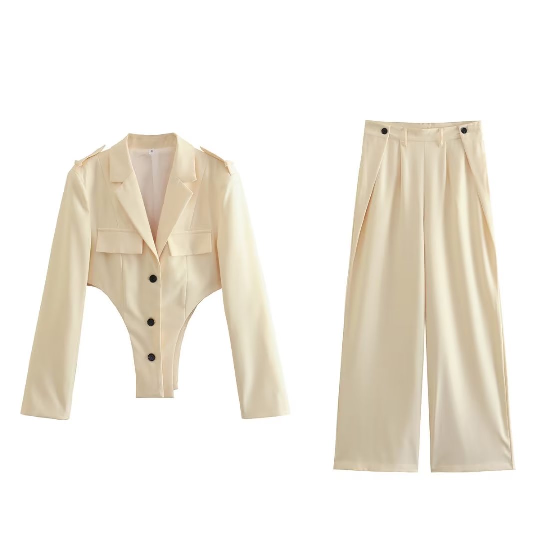 Suits: Women Cutout out sets Top High Waist Pleated Design Work Pant sets