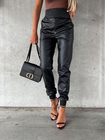 Pants: Smocked High Waist Pants with Pockets