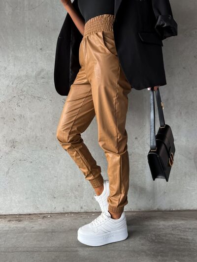 Pants: Smocked High Waist Pants with Pockets