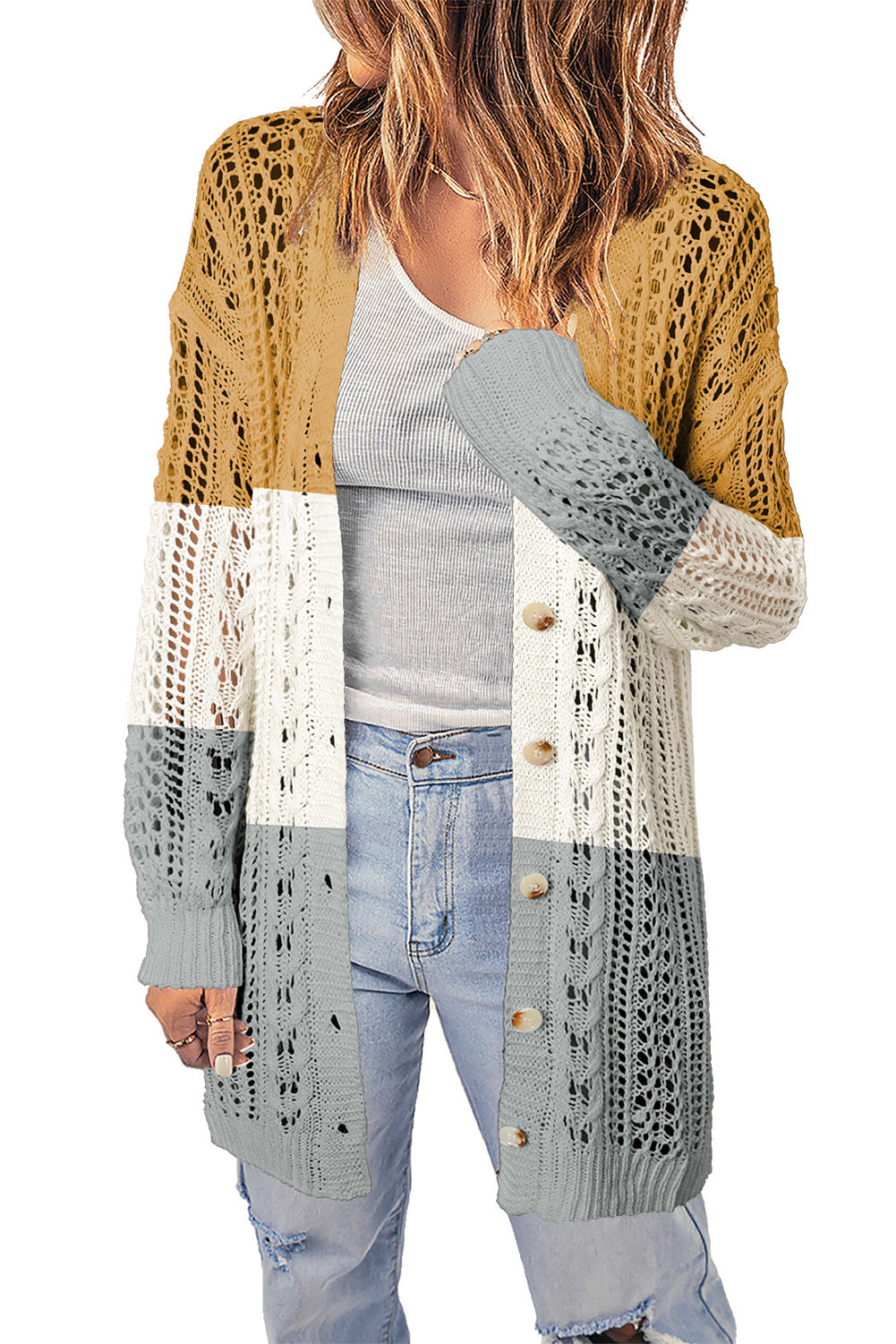 Tops: Double Take Openwork Ribbed Cuff Longline Cardigan