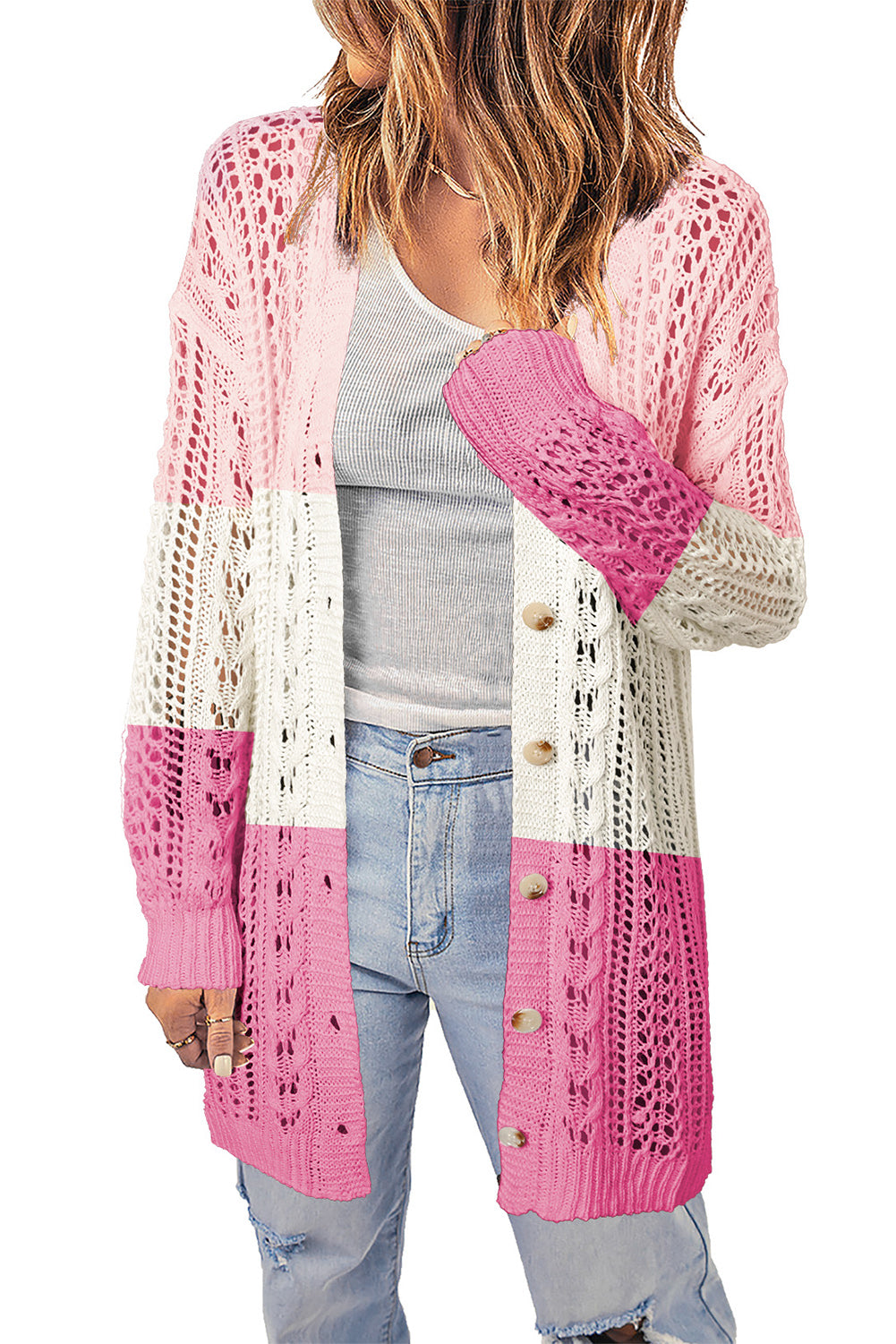 Tops: Double Take Openwork Ribbed Cuff Longline Cardigan