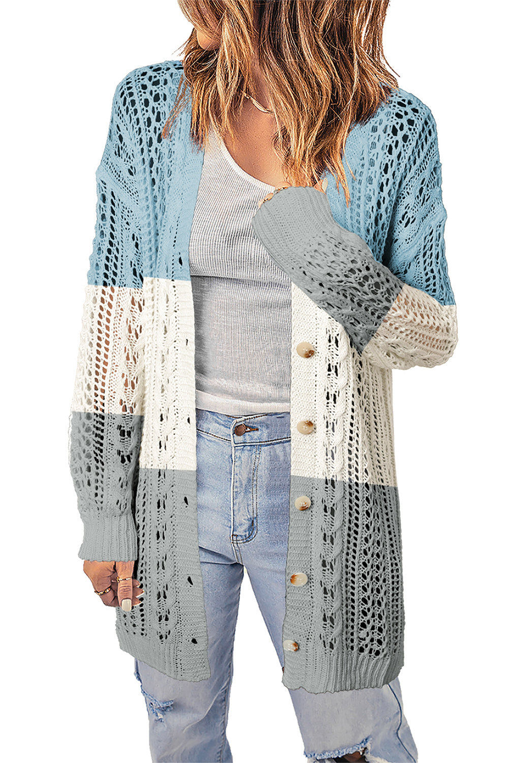 Tops: Double Take Openwork Ribbed Cuff Longline Cardigan