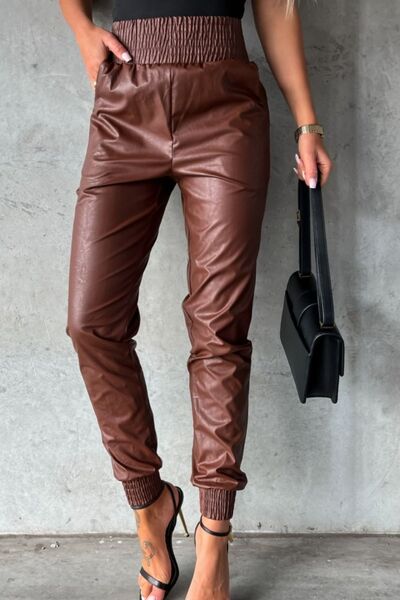 Pants: Smocked High Waist Pants with Pockets