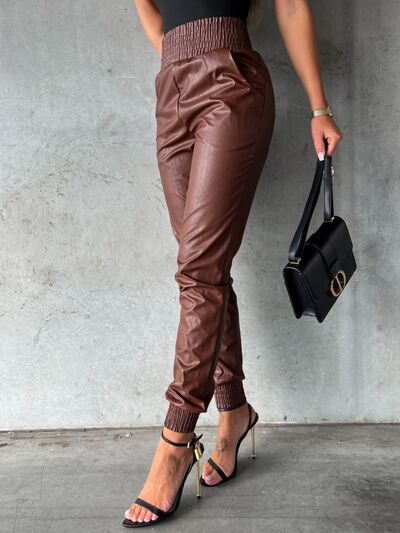 Pants: Smocked High Waist Pants with Pockets