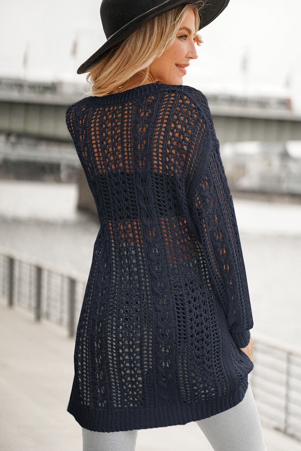 Tops: Double Take Openwork Ribbed Cuff Longline Cardigan