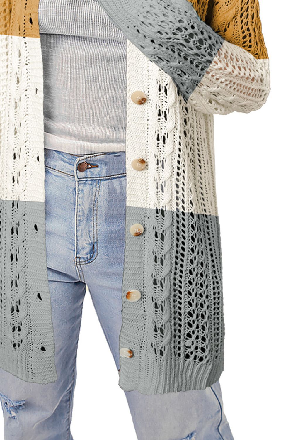 Tops: Double Take Openwork Ribbed Cuff Longline Cardigan