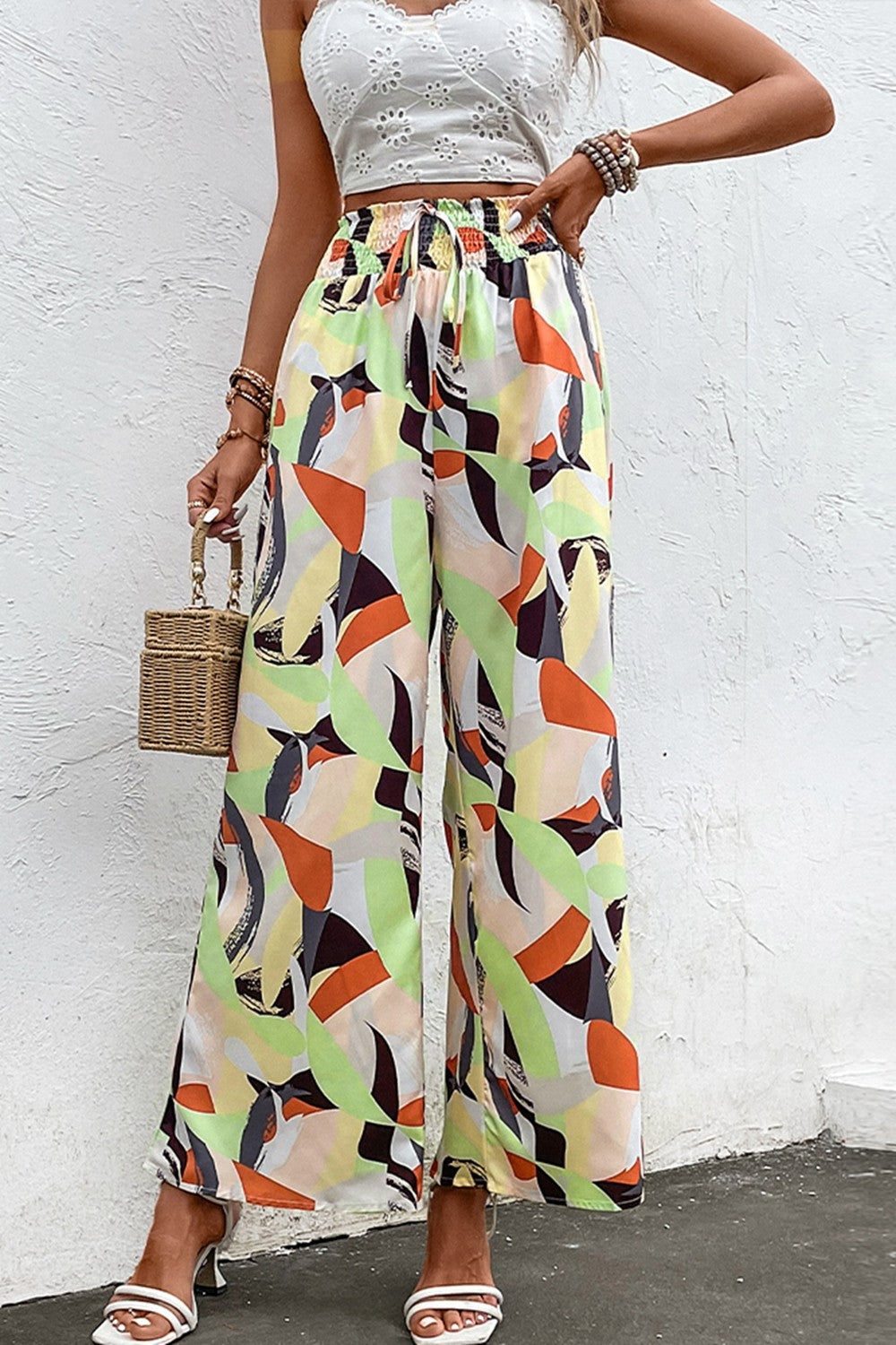 Pants: Printed Smocked Waist Wide Leg Pants