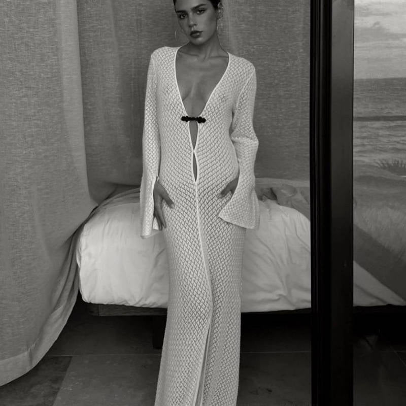 Swimwear: Hollow Out Cutout out Split Dress Beach Cover up V neck Beach Dress Long Mopping Fishtail Evening Dress for Women