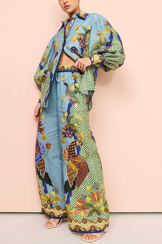 2 Piece Set: Printed Puff Sleeve Lace Two Piece Suit