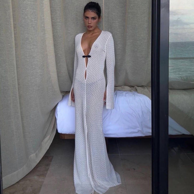 Swimwear: Hollow Out Cutout out Split Dress Beach Cover up V neck Beach Dress Long Mopping Fishtail Evening Dress for Women