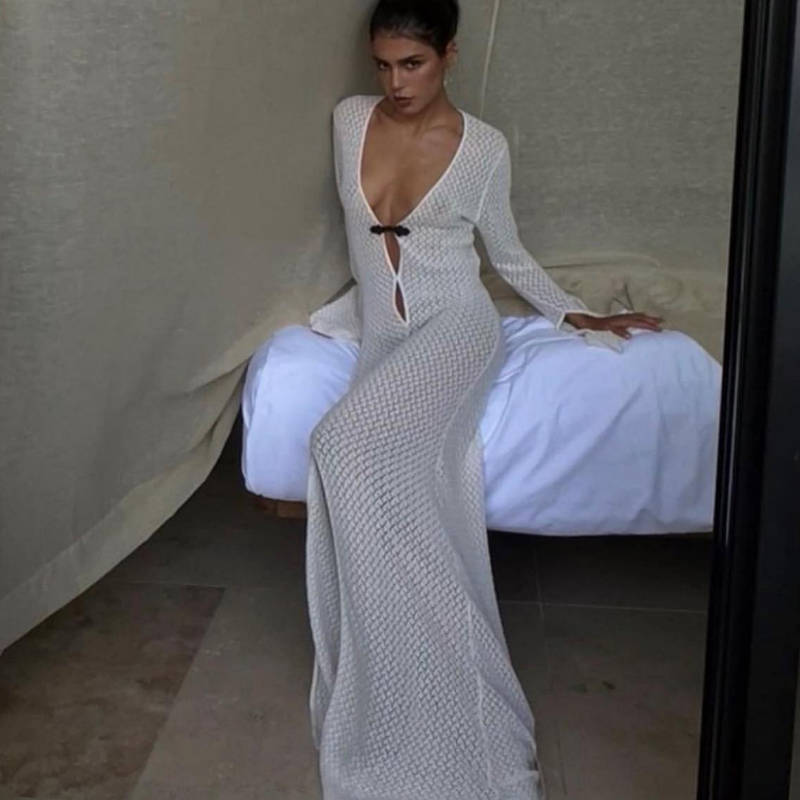 Swimwear: Hollow Out Cutout out Split Dress Beach Cover up V neck Beach Dress Long Mopping Fishtail Evening Dress for Women