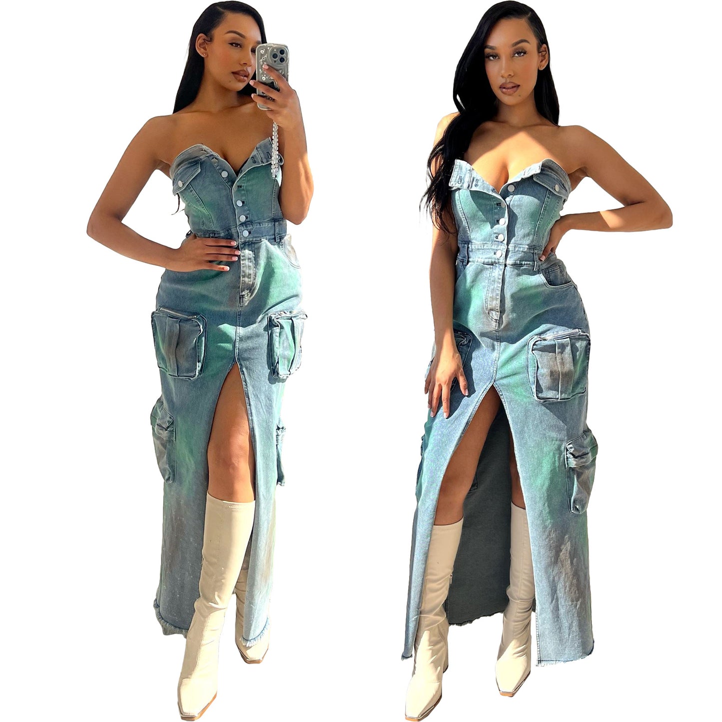 Dress: Denim 3D Pocket Sexy Bandeau +Dress