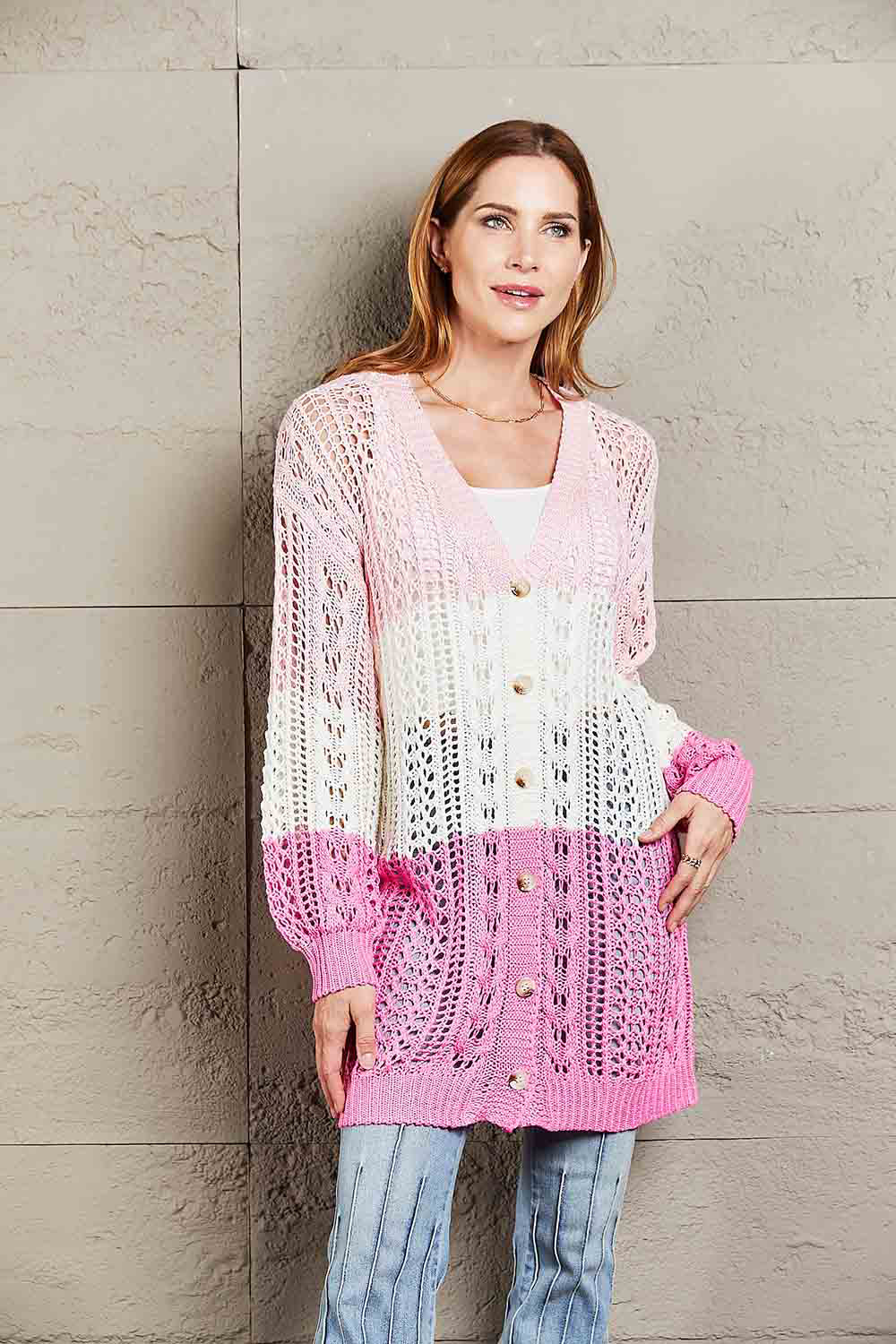 Tops: Double Take Openwork Ribbed Cuff Longline Cardigan