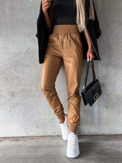 Pants: Smocked High Waist Pants with Pockets