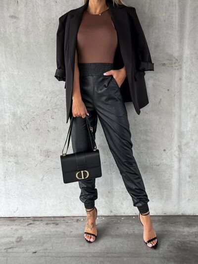 Pants: Smocked High Waist Pants with Pockets