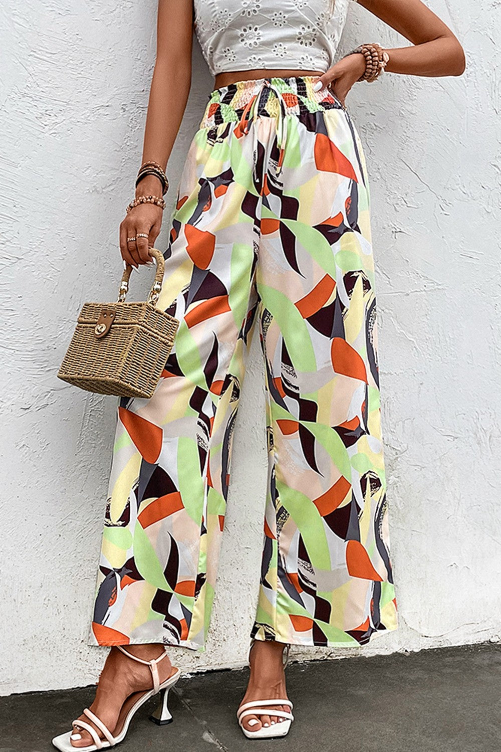Pants: Printed Smocked Waist Wide Leg Pants