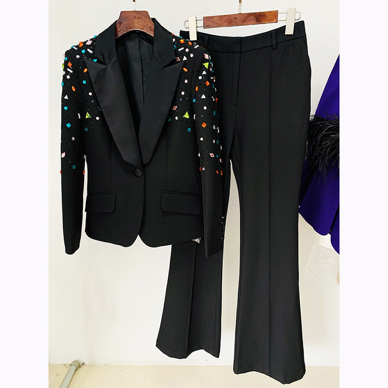Suits: Goods Heavy Industry Beads Colorful Crystals Slim Fit Blazer Bootcut Pants Blazer  Suit Set Two Pieces