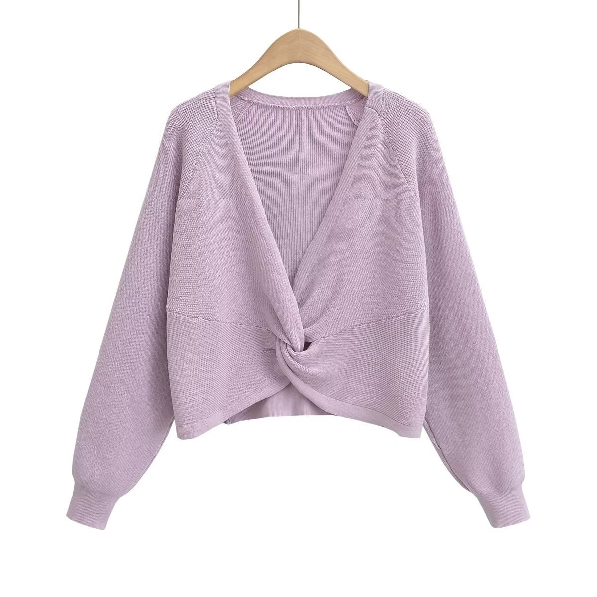 Tops: Elegant Twist V neck Slimming Short Cropped Knitted Sweater
