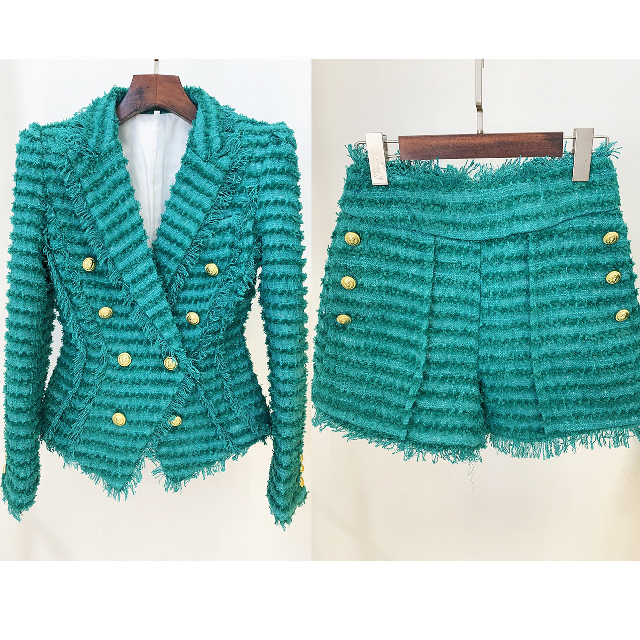Two Piece Set: Tassel Fringe Tweed Slim Blazer Shorts Set