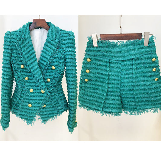 Two Piece Set: Tassel Fringe Tweed Slim Blazer Shorts Set