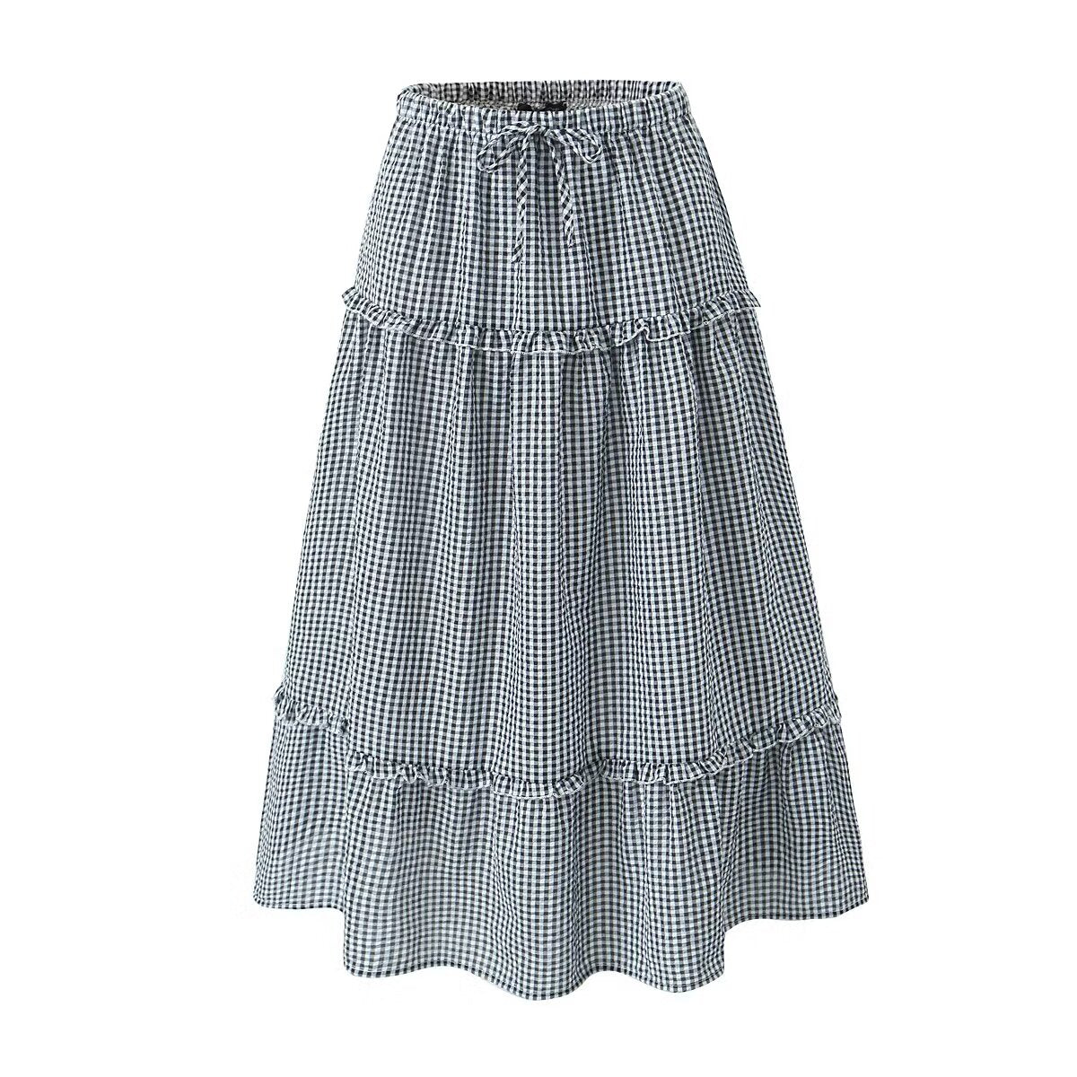 2 Piece: Plaid Pullover Lace Strap Top Drawstring A line Skirt Set