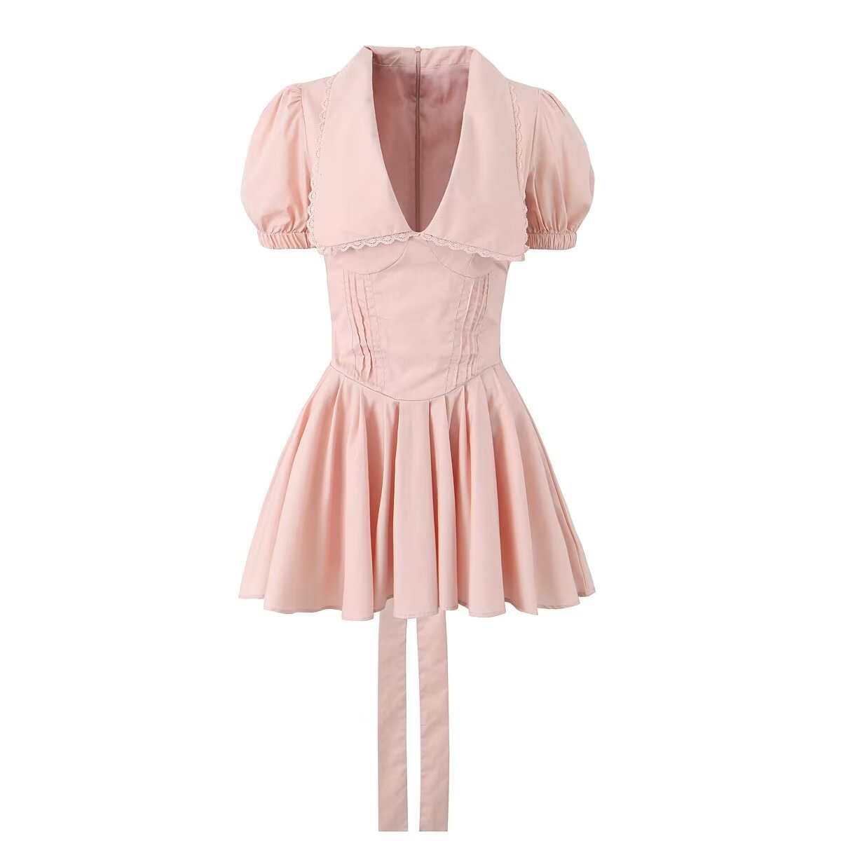 Spring Two Color Lace-up Doll Collar Lace Stitching Dress