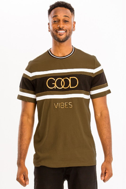 Mens: Good Vibes 3D Design Print Gold Foil