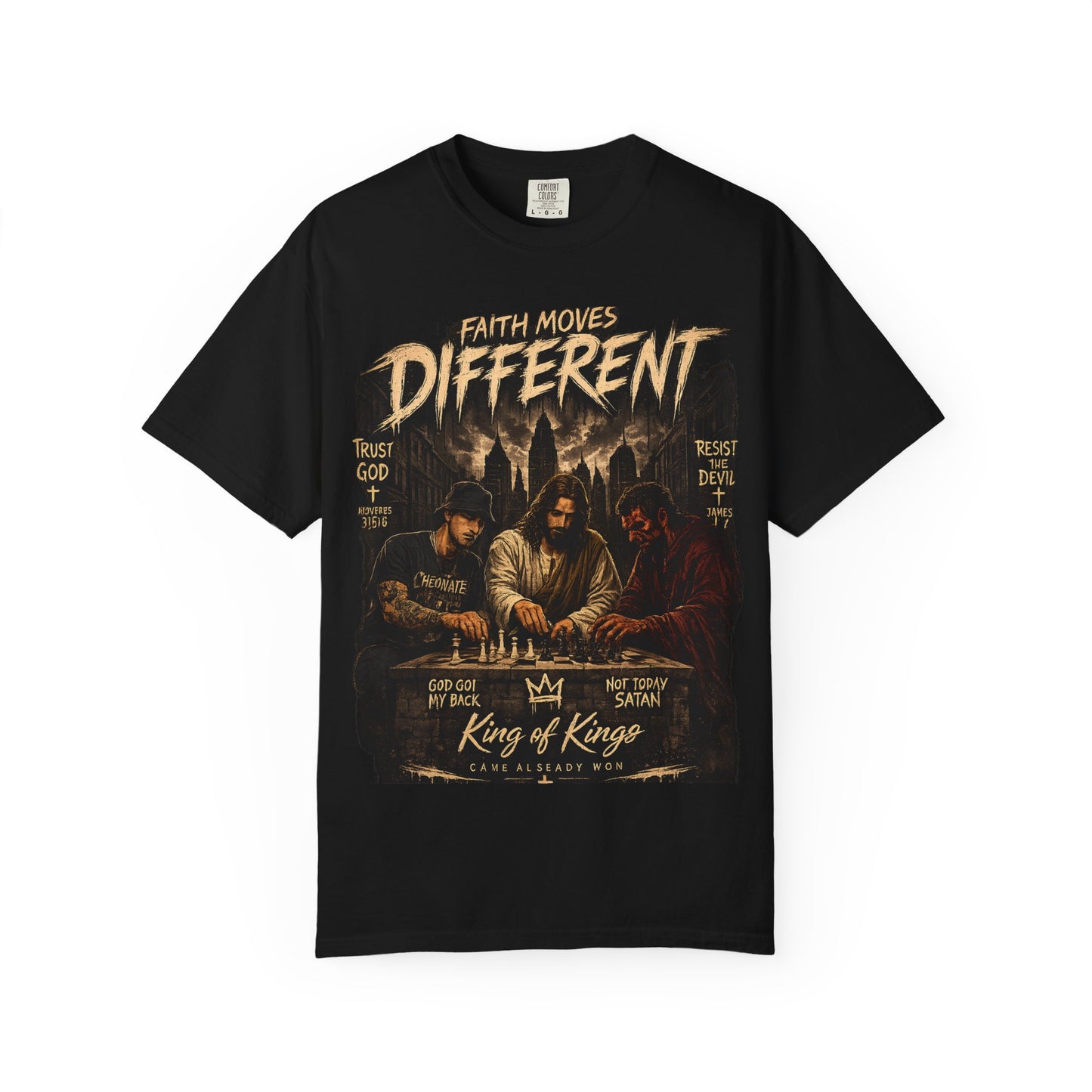 CheqMate Faith Moves Different T-Shirt — Christian 'King of Kings' Graphic Tee