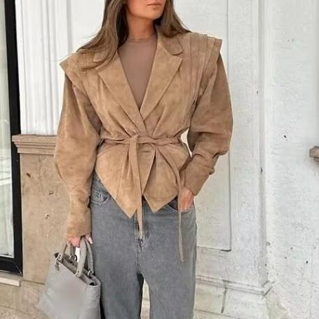 Coat: Waist Trimming Wrap Suede Jacket