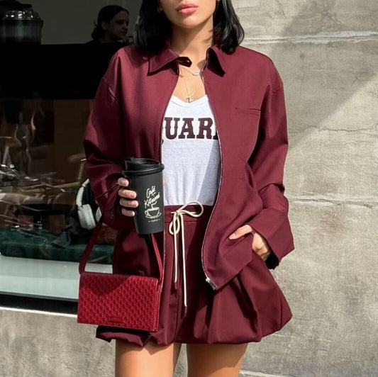 Women Autumn Zipper Pocket Jacket Lantern Short Skirt Sets