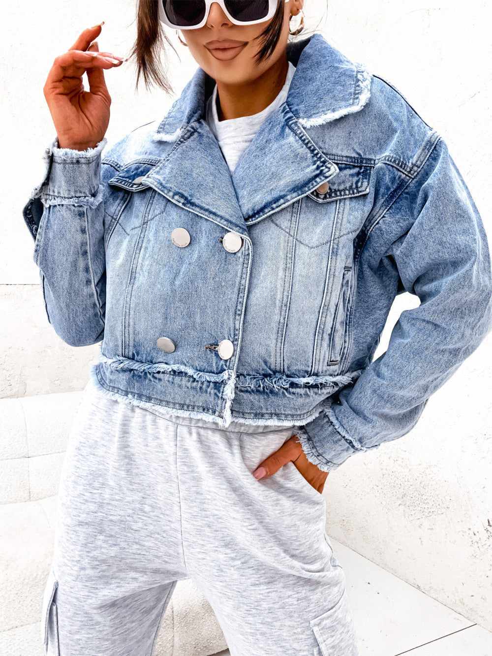 Jackets: Loose Wash Raw Edge Denim Women Long Sleeved Jacket